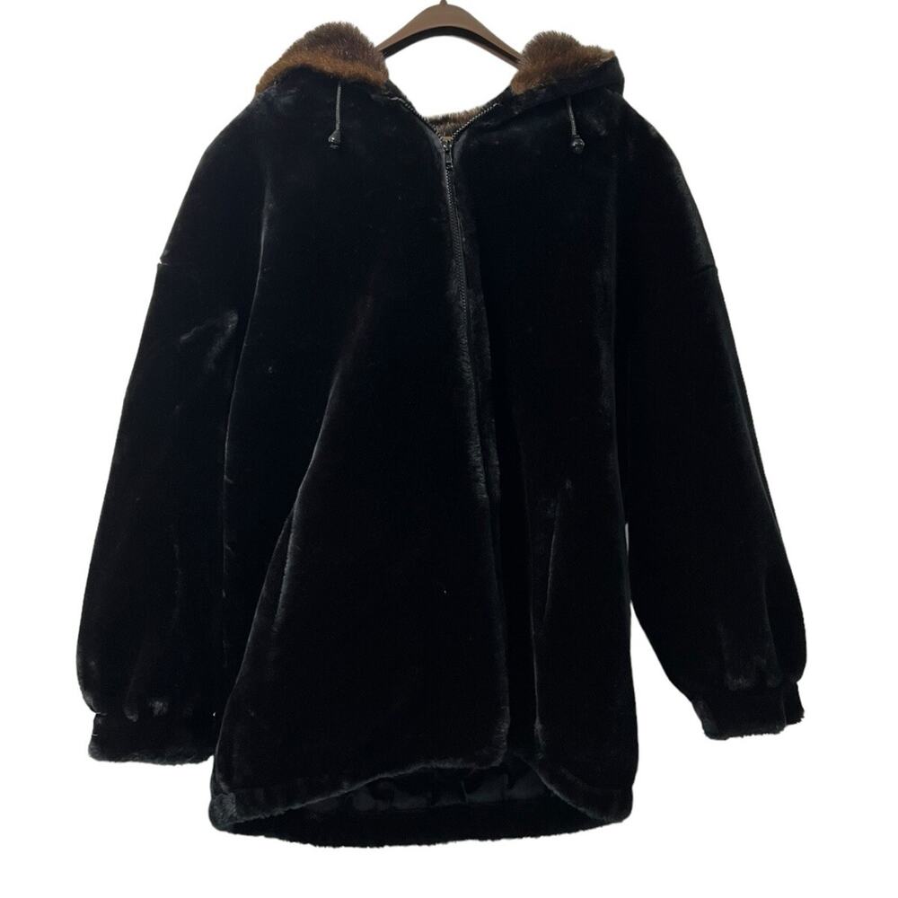 Gallery Coat Sz Large Black Faux Fur Hooded Luxurious City Formal Designer